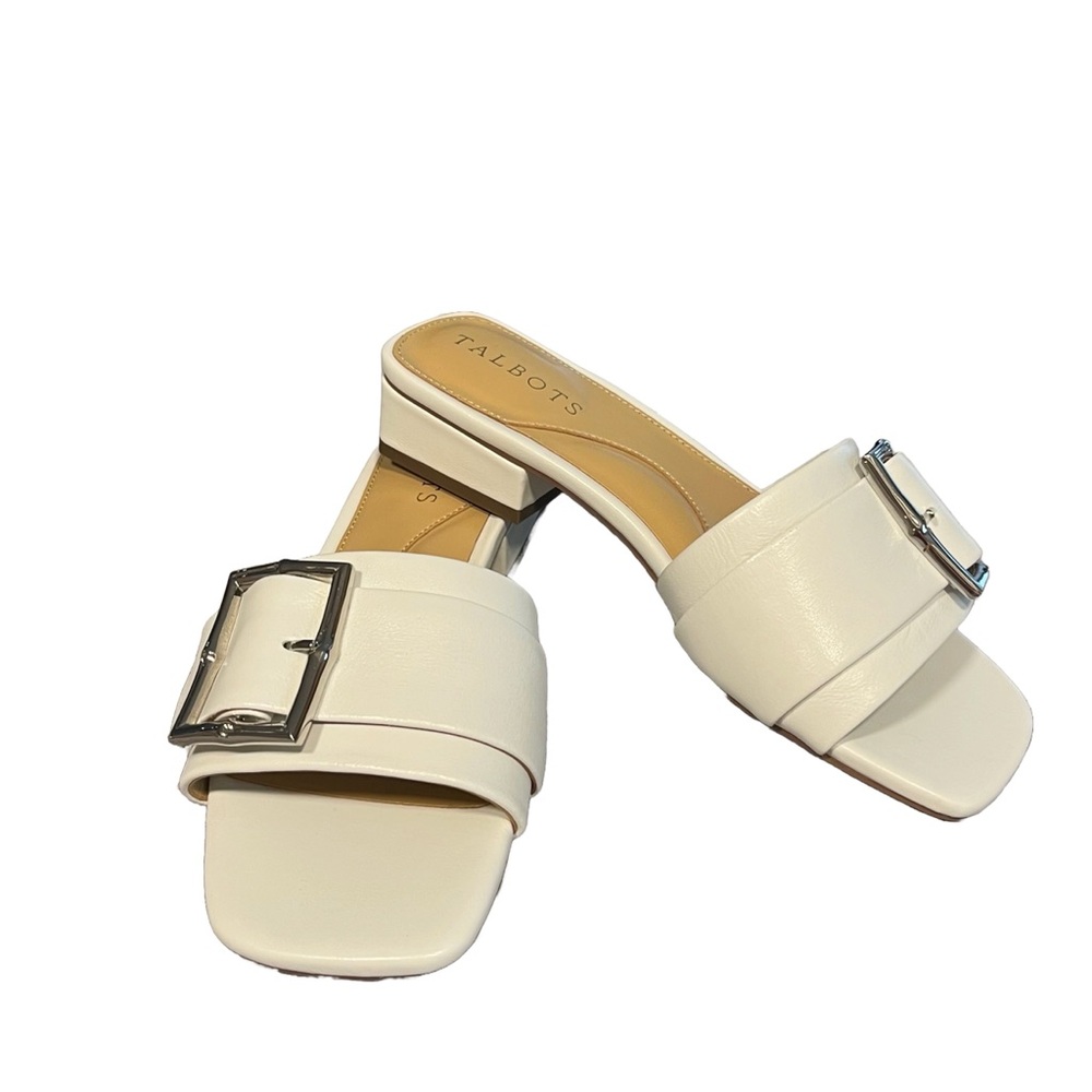 NEW Talbots White Leather Sz 5 Chunky Silver Buckle Low Heel Slides Sandals